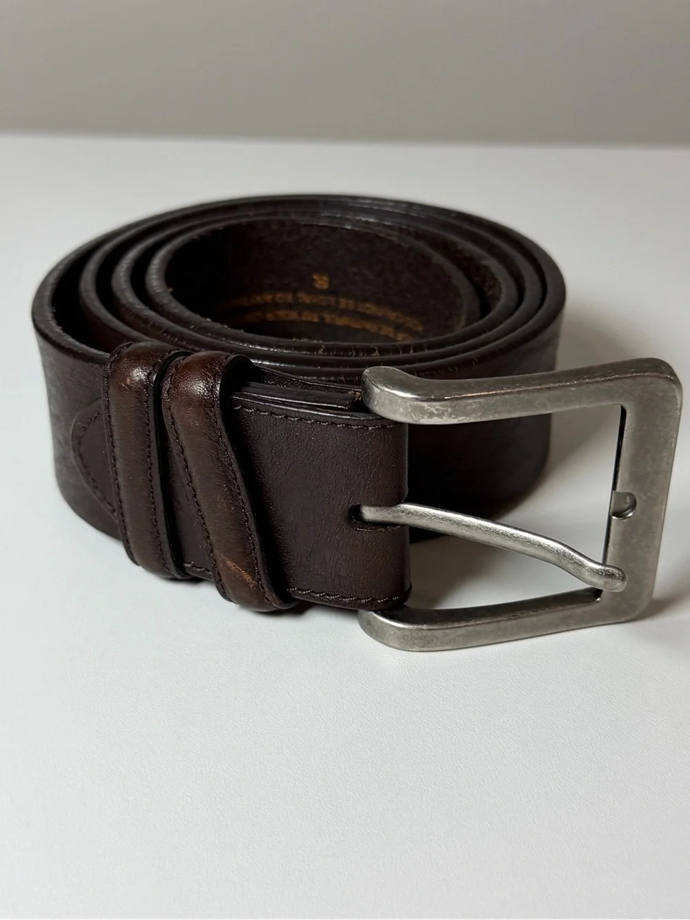 Men’s ELLIOT RHODES London 38W Dark Brown Leather Belt with Matte Silver Buckle